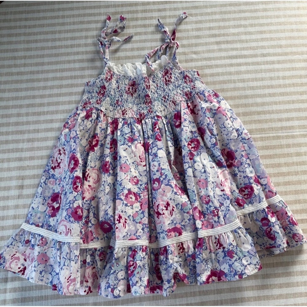 SweetHoney‎ Girls Floral Smocked Tie Shoulder Dress Pink Purple Blue Size 10Y